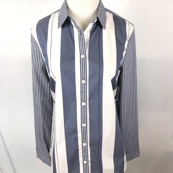 NWT BELLE SKY Button Blue Striped Open Back Top - Picture 8 of 10